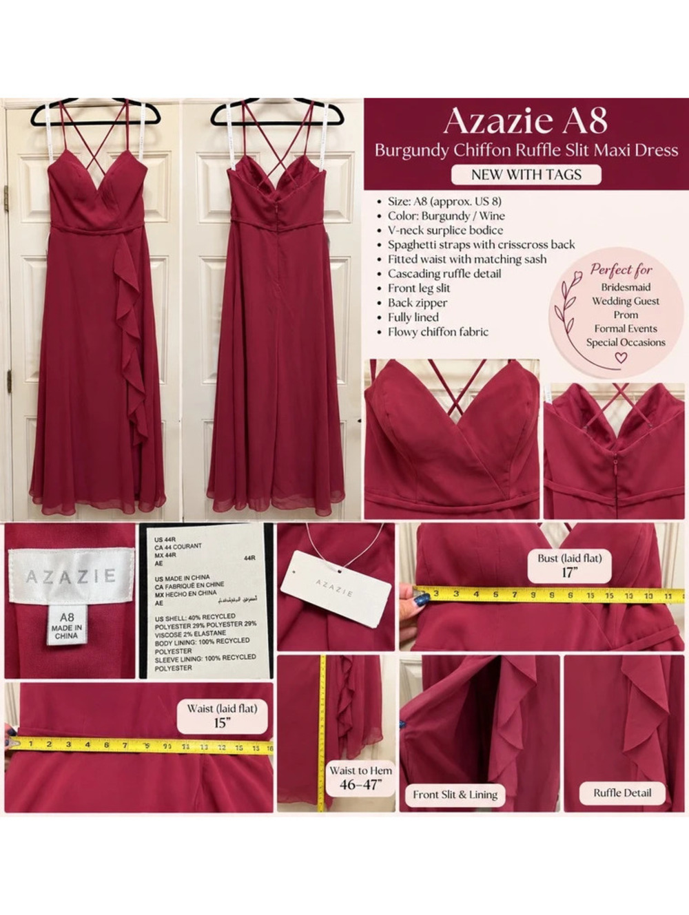 Azazie A8 Burgundy Chiffon Ruffle Slit Maxi Bridesmaid Dress